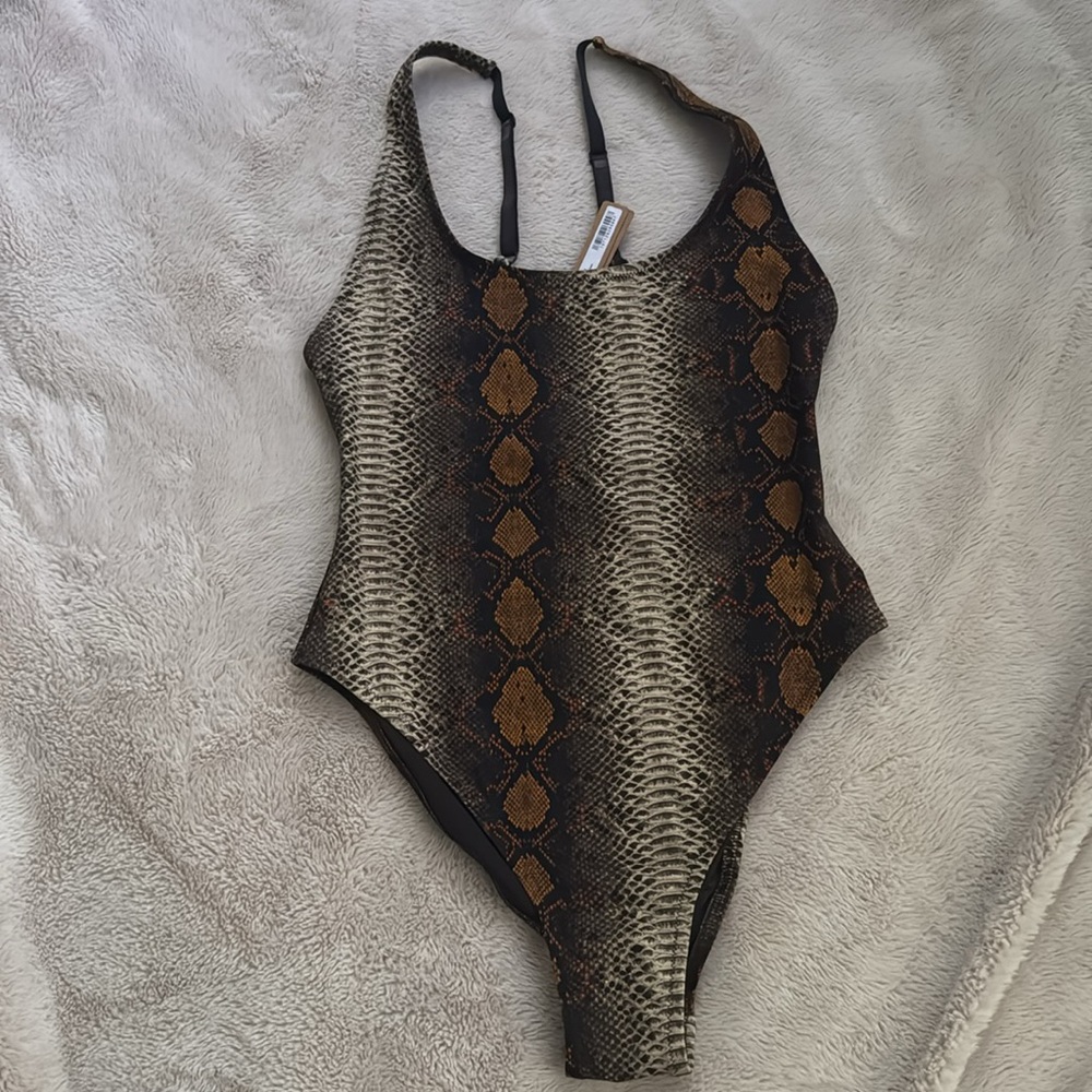Skims Swim Snake Print Scoop Neck One Piece Size S Bathing Suit Swimsuit Brown